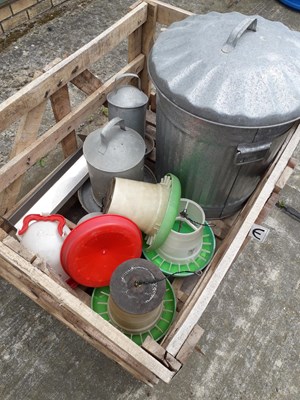 Lot 711 - Galvanised dustbin and poultry feeders and...