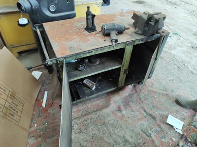 Lot 55 - Wheeled Metal Workbench with Vice and Cabinet